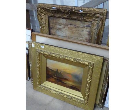Watercolour, thatched farmyard building, signed with monogram W R, 2 other watercolours and an oil on canvas, figures on a be