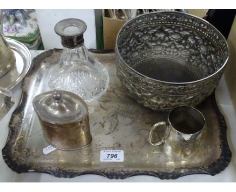 Embossed Indian white metal bowl, silver mounted decanter, caddy tray, etc