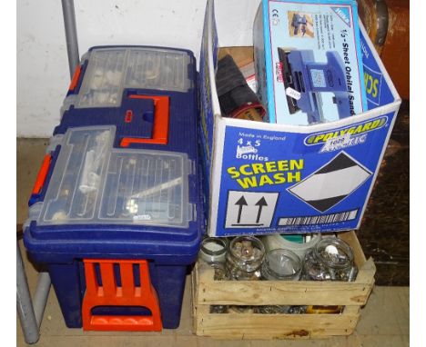 A large quantity of hardware, tool box and tools, sander, etc.