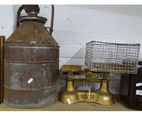 Royal George Angling Society fish weighing scale and a steel water carrier.