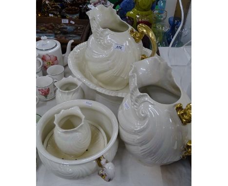 Vintage wash jug and basin set with vases and chamber pot.