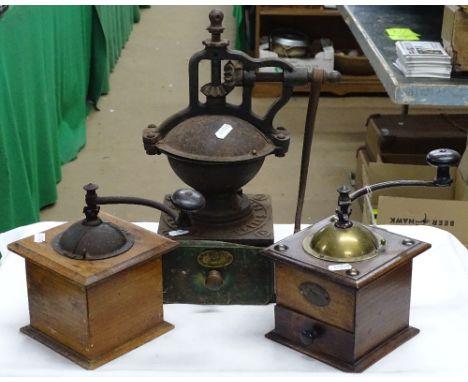 2 French Peugeot Freres Vintage coffee grinders and a larger cast-iron coffee grinder, (3).