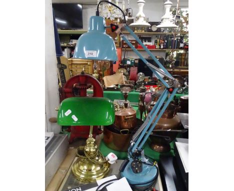 An angle-poise type desk lamp and a banker's desk lamp with green glass shade.