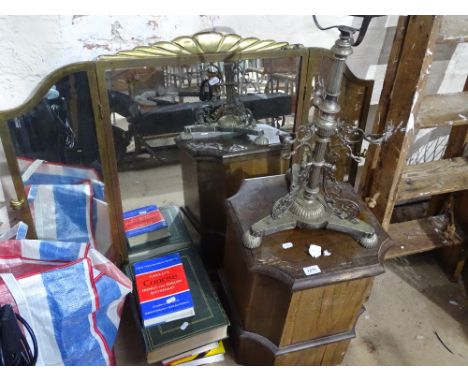 A brass framed 3-fold mirror, a commode, silver plated centre stand and various dictionaries.