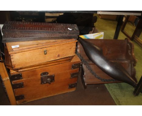 A VINTAGE WOODEN CHEST, TOGETHER WITH A WRITING SLOPE A/F, VINTAGE ABACUS ETC