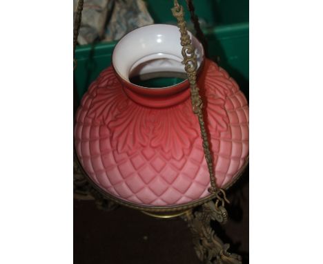 A VICTORIAN HANGING OIL LAMP, with Satin Cranberry glass shade