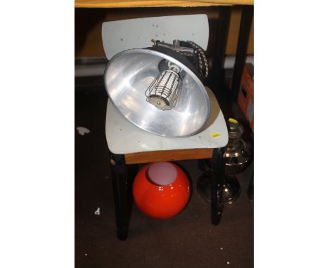 A VINTAGE CHROME PARAFFIN LAMP, UNUSUAL MODERNIST STYLE CHILDREN'S CHAIR, A  VINTAGE HEATER AND AN ORANGE GLASS LAMP SHADE