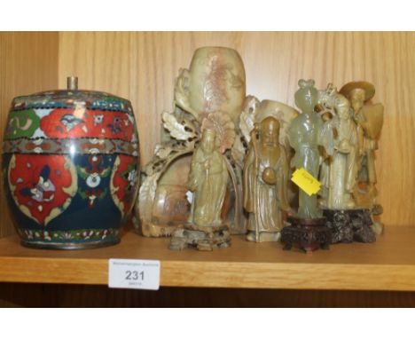 A COLLECTION OF ANTIQUE CHINESE SOAP STONE FIGURES PLUS ONE OTHER AND A CLOISONNE ENAMEL JAR 