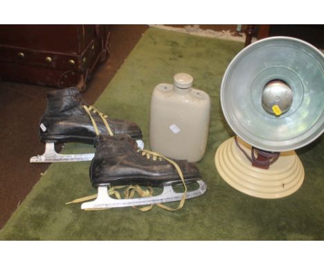 A RETRO THE BARBER POLYKYMATIC HEAT GENERATOR TOGETHER WITH A PAIR OF VINTAGE ICE SKATES ETC 
