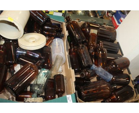 A COLLECTION OF VINTAGE BOTTLES MAINLY BROWN POISON TYPES, with glass stoppers and six sealed "Straw Hat Revival" with origin