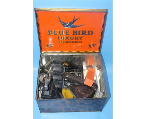A VINTAGE BLUE BIRD TIN AND SMALL QUANTITY OF COLLECTABLES 