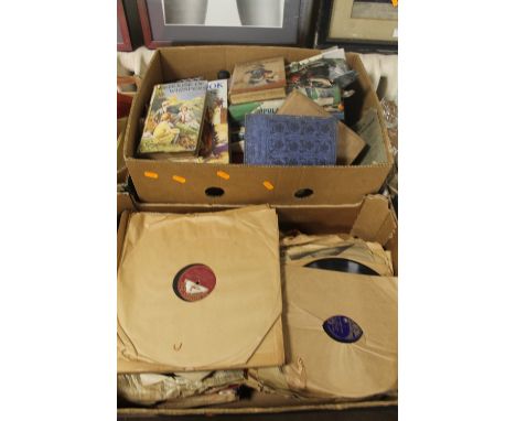 A TRAY OF ASSORTED BOOKS TOGETHER WITH A TRAY OF DECCA RECORDS 