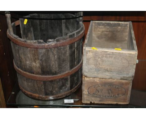 TWO VINTAGE CAPEWELL HORSE NAILS CRATES TOGETHER WITH A WOODEN BARREL 