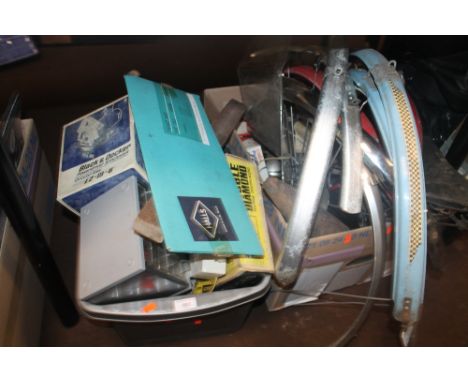 A QUANTITY OF ASSORTED TOOLS, PAINTS, BIKE PARTS ETC 