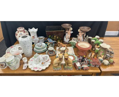 Large selection of pottery miscellaneous to include Masons, a pair of cherub stands, vases, tea cups and saucers etc 