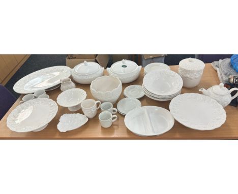 Part white Marks and Spencers fruit patterned tea and dinner service to include tureens, biscuit barrel, plates, tea pot, cak