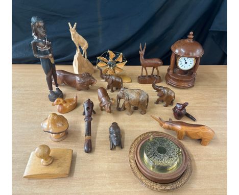 Selection of vintage wooden items to include animal figures, clock, windmill pipe etc 