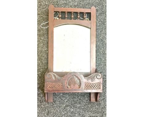 Wall hanging mahogany Edwardian mirror and shelf, approximate measurements: Height 25 inches, Width 13 inches, Depth 5 inches