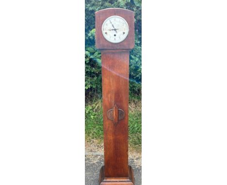 Vintage oak cased three key hole Grand daughter clock with key and pendulum measures approx 53.5 inches tall 