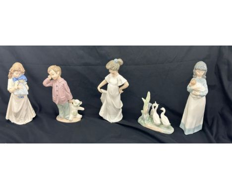 Selection of five Nao figures includes boy with teddy, girl with doll, geese etc 