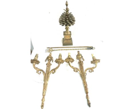 Pair vintage brass wall lights, Acorn decorative ornament, fire poker 