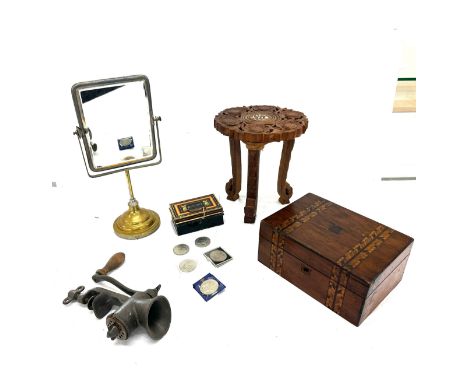 Selection of collectable items includes inlaid wooden stools, mirror, mincer etc 
