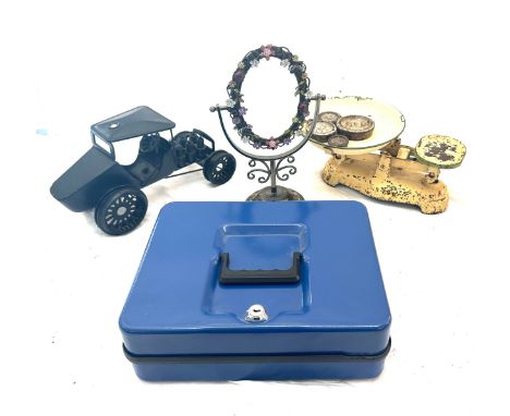 Selection of vintage metal items to include scales, till and a kart model 