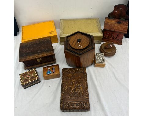 Selection of vintage boxes to include a teak tea caddy and a cigarette box and jewellery boxes 