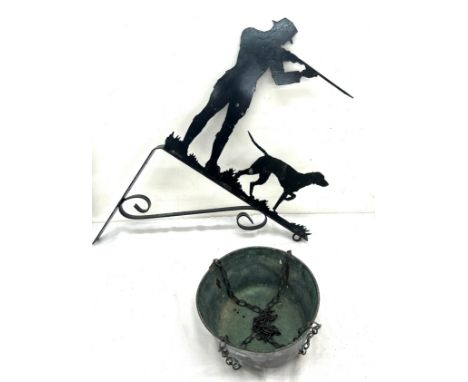 Vintage wraught iron hunting wall hanging plaque and a copper bowl largest measures 22 inches tall 