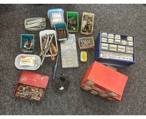Selection of vintage and later tools includes  draper value tap and dye set, soldering iron parts, multi drawers etc 