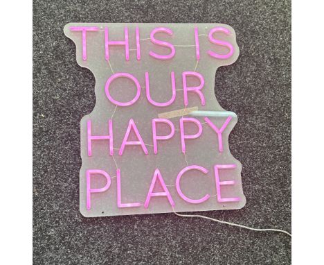 Neon beach light up "this is our happy place" pink neon light, complete working order measures approximately 20 inches by 15 