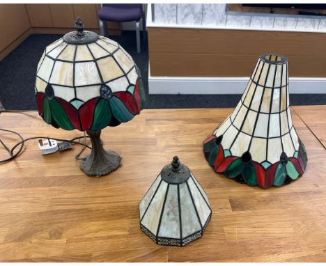 Tiffany style lamp and shade along with one other vintage lamp shade largest measures approx 16 inches tall 