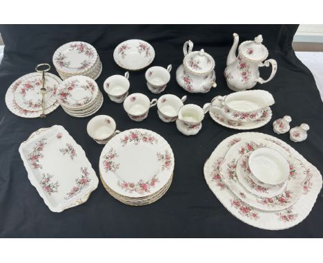 Selection of Royal Albert Lavender Rose part tea/dinner service to include tea pot, cups, saucers, plates, salt and pepper po