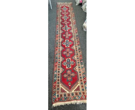 Large vintage hall way runner measures approx 192 inches long by 34.5 inches wide 