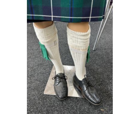 Scottish Prince Charlie Highland dress comprising, shoes, socks, kilt, sporron, shirt, tie and hat, with mannequin 