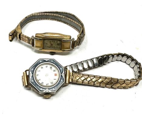 2 art deco ladies wristwatch gold plated 1 with enamel bezel 
