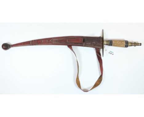 North African short sword 49cm engraved blade wood and metal mounted hilt with tool leather scabbard 73cm overall   Condition