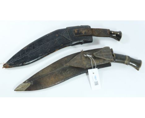 Nepalese Ghurka Kukri knife with brass mounted horn hilt with two original accompanying knives in leather scabbard 46cm overa