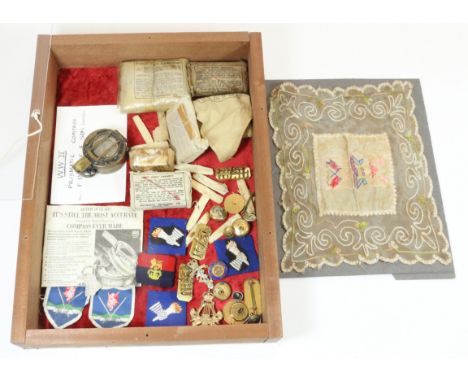 Military marching Prismatic compass, 1919 peace medal, Queens Royal Lancers service badge, WWI Lancashire Regiment embroidery