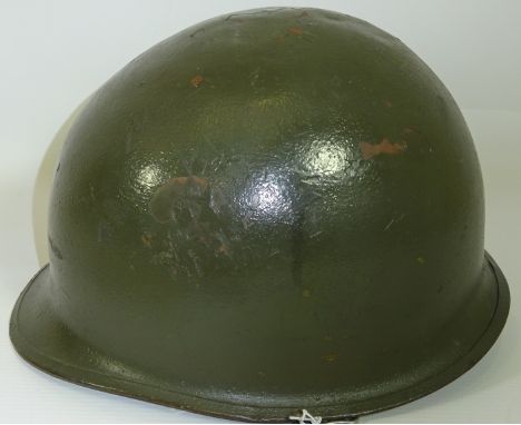WWII Steel Infantry helmet, M1 with inner fibre liner, leather and webbing head harness   Condition Report   Click here for f