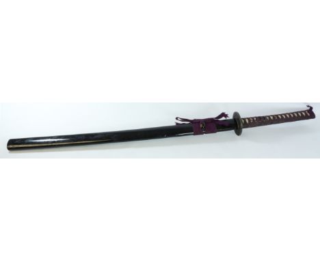 Japanese decorative katana sword with black laquered scabbard 103cm overall   Condition Report   Click here for further image