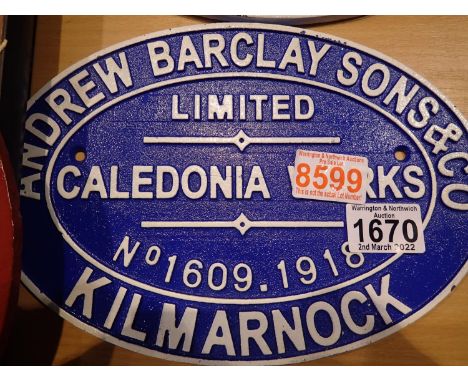 Cast iron Andrew Barclay sign, 26  x 18 cm H. P&amp;P Group 2 (£18+VAT for the first lot and £3+VAT for subsequent lots) 