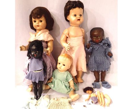 Five vintage dolls to include Roddy doll BND London (small green dress), a (tall pink dress) and a mall dismembered fashion d