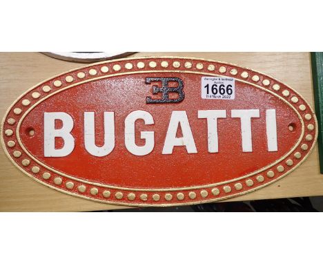 Large cast iron Bugatti sign, L: 40 cm. P&amp;P Group 2 (£18+VAT for the first lot and £3+VAT for subsequent lots) 