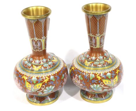 Pair of 19th century Chinese cloisonne vases, designs showing butterflies and flora, teal enamelled bases, each H: 15 cm. P&a