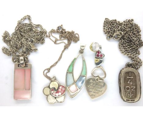 Three 925 silver pendants and neck chains with two further pendants. P&amp;P Group 1 (£14+VAT for the first lot and £1+VAT fo