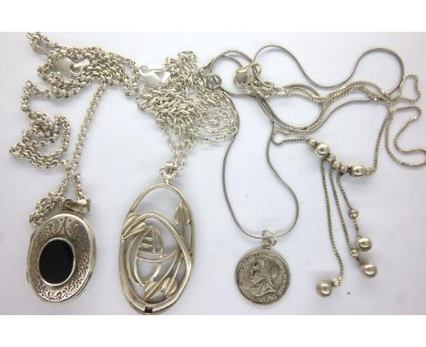 Four 925 silver pendants and neck chains to include a locket example, combined 36g. P&amp;P Group 1 (£14+VAT for the first lo