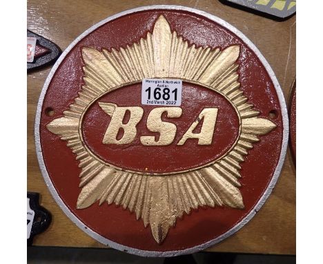 Large cast iron circular BSA  sign, D: 28 cm. P&amp;P Group 2 (£18+VAT for the first lot and £3+VAT for subsequent lots) 