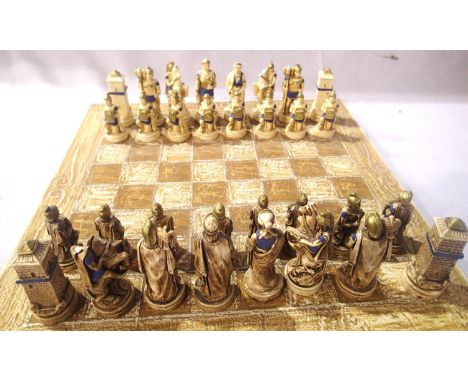 Stone chess board 35 x 35 cm with chess set (complete) with damages. P&amp;P Group 2 (£18+VAT for the first lot and £3+VAT fo