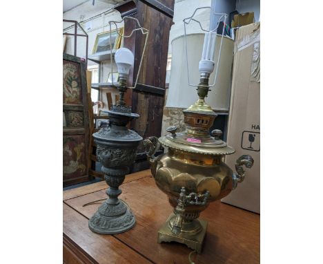 A 19th century brass samovar converted to an electric table lamp, together with a converted oil lamp, Location: 